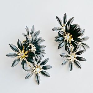Vintage Signed Coro Black Flower Earrings